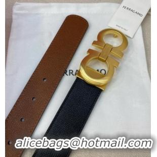 New Cheap Ferragamo Belt 3.5cm in Reversible Palm-Grained Leather 0615 Clay Brown/Black/Brushed Gold
