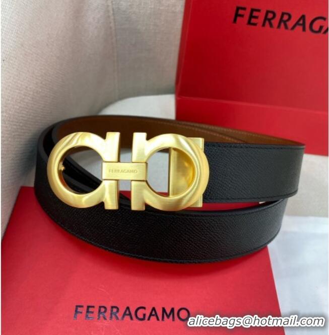 New Cheap Ferragamo Belt 3.5cm in Reversible Palm-Grained Leather 0615 Clay Brown/Black/Brushed Gold