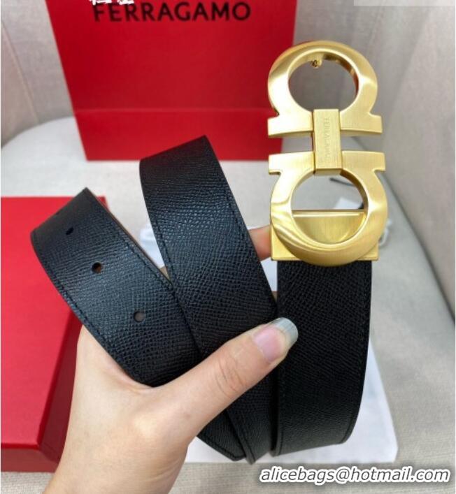 New Cheap Ferragamo Belt 3.5cm in Reversible Palm-Grained Leather 0615 Clay Brown/Black/Brushed Gold