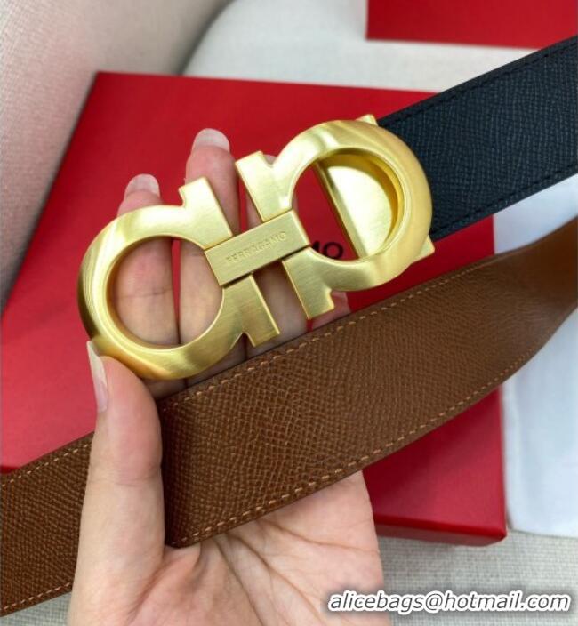 New Cheap Ferragamo Belt 3.5cm in Reversible Palm-Grained Leather 0615 Clay Brown/Black/Brushed Gold