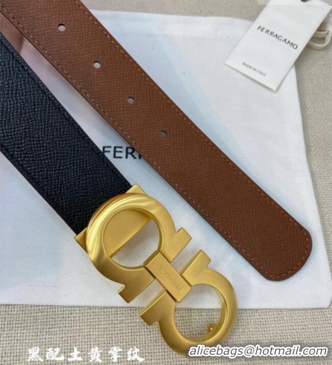 New Cheap Ferragamo Belt 3.5cm in Reversible Palm-Grained Leather 0615 Clay Brown/Black/Brushed Gold