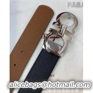 Grade Quality Ferragamo Belt 3.5cm in Reversible Palm-Grained Leather 0615 Clay Brown/Black/Shiny Silver