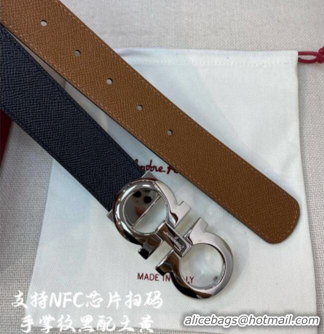 Grade Quality Ferragamo Belt 3.5cm in Reversible Palm-Grained Leather 0615 Clay Brown/Black/Shiny Silver