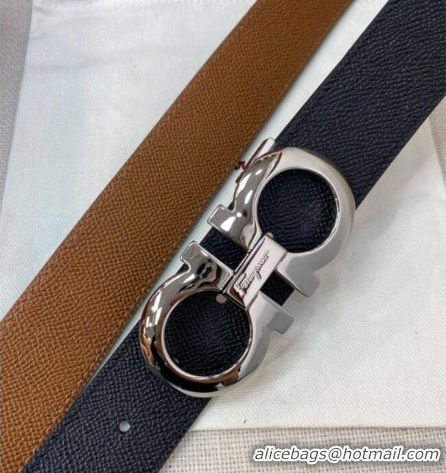 Grade Quality Ferragamo Belt 3.5cm in Reversible Palm-Grained Leather 0615 Clay Brown/Black/Shiny Silver