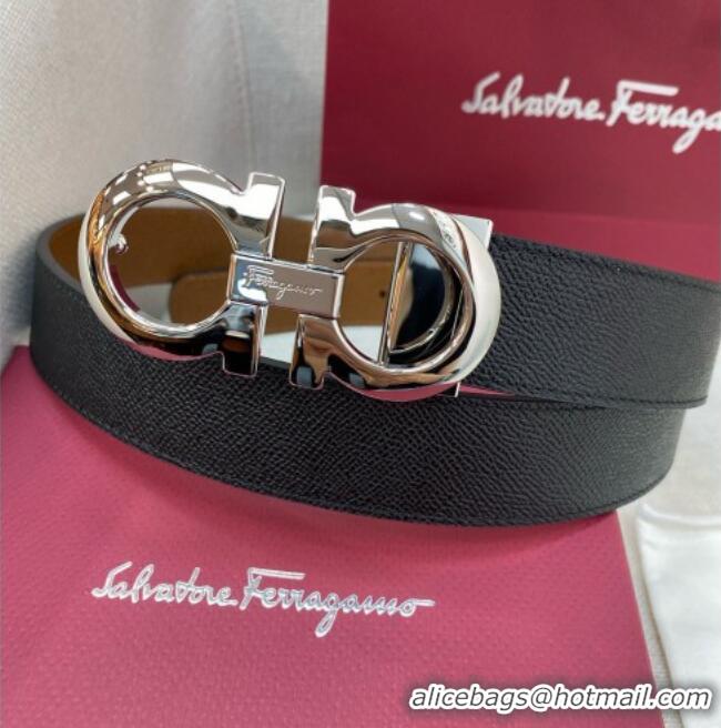 Grade Quality Ferragamo Belt 3.5cm in Reversible Palm-Grained Leather 0615 Clay Brown/Black/Shiny Silver