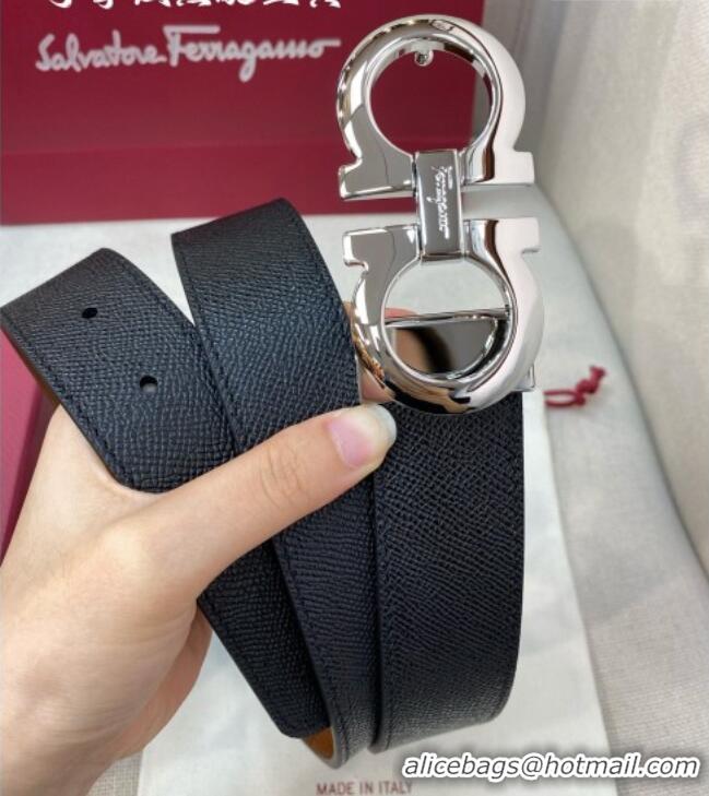 Grade Quality Ferragamo Belt 3.5cm in Reversible Palm-Grained Leather 0615 Clay Brown/Black/Shiny Silver