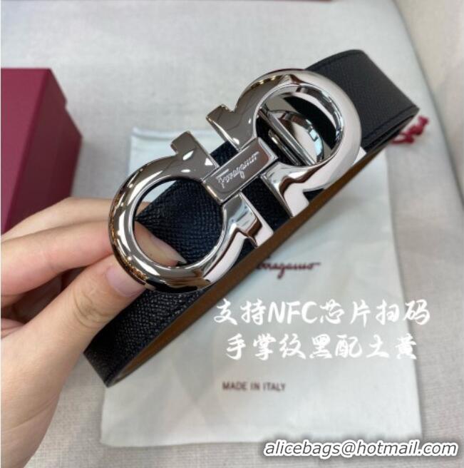 Grade Quality Ferragamo Belt 3.5cm in Reversible Palm-Grained Leather 0615 Clay Brown/Black/Shiny Silver