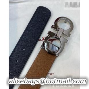 Luxurious Ferragamo Belt 3.5cm in Reversible Palm-Grained Leather 0615 Clay Brown/Black/Shiny Gunmetal