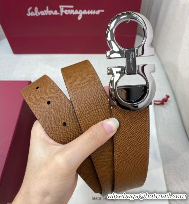 Luxurious Ferragamo Belt 3.5cm in Reversible Palm-Grained Leather 0615 Clay Brown/Black/Shiny Gunmetal