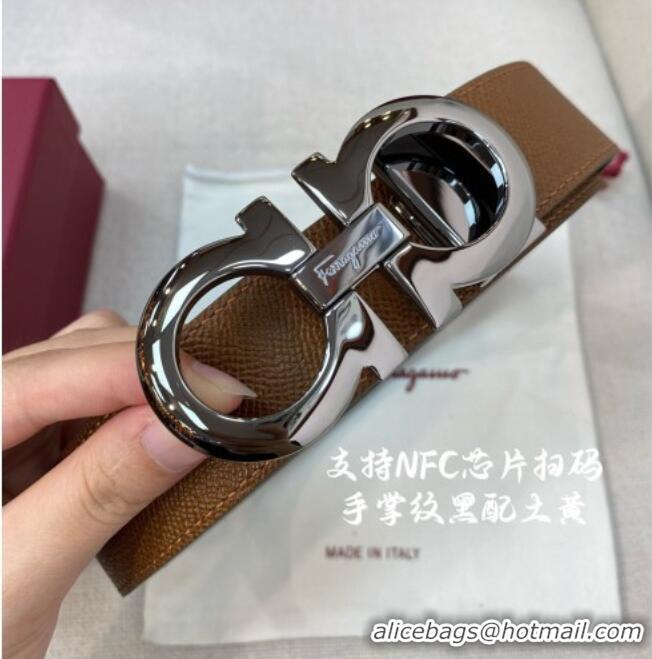 Luxurious Ferragamo Belt 3.5cm in Reversible Palm-Grained Leather 0615 Clay Brown/Black/Shiny Gunmetal