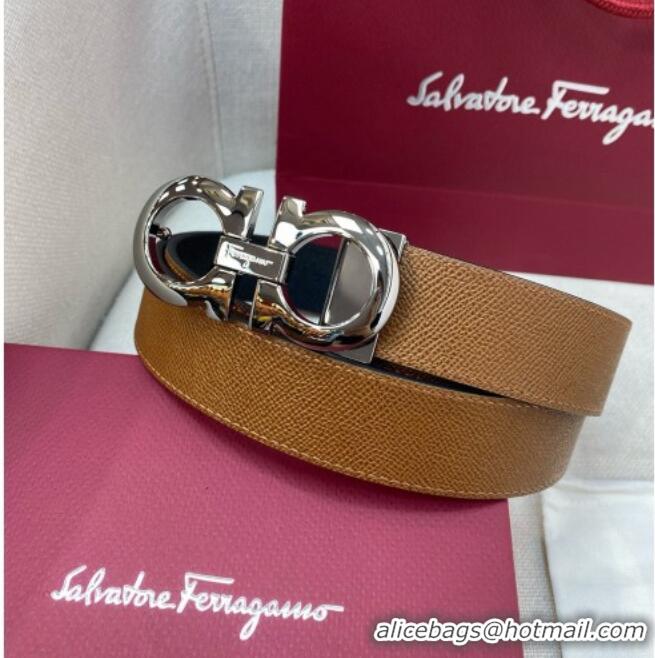 Luxurious Ferragamo Belt 3.5cm in Reversible Palm-Grained Leather 0615 Clay Brown/Black/Shiny Gunmetal