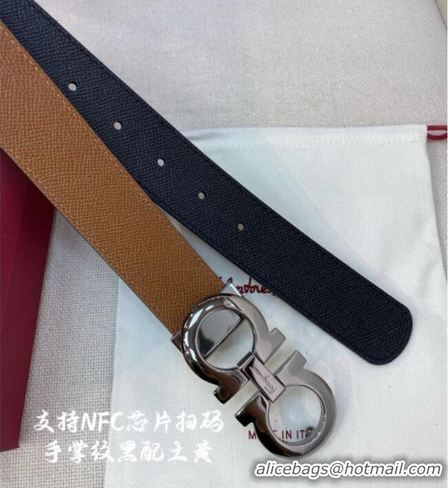 Luxurious Ferragamo Belt 3.5cm in Reversible Palm-Grained Leather 0615 Clay Brown/Black/Shiny Gunmetal