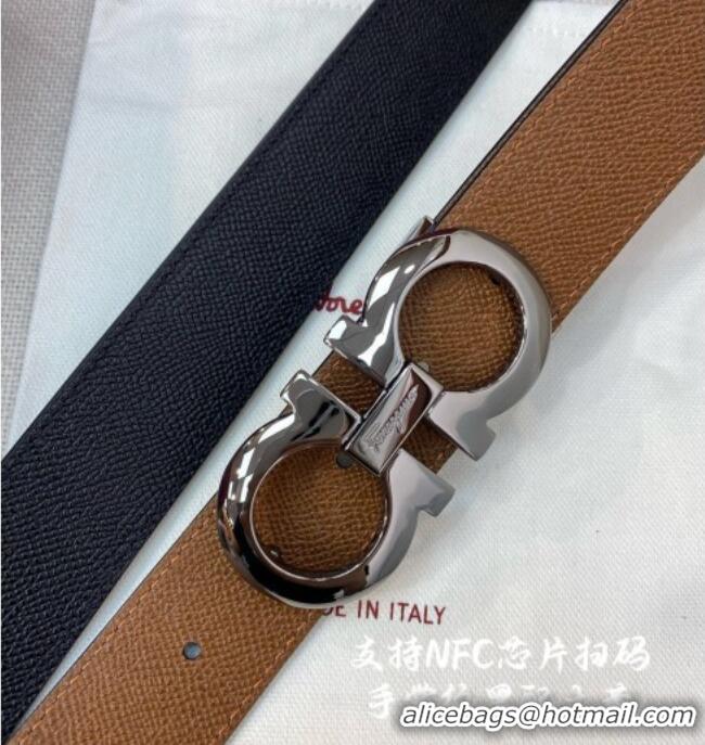 Luxurious Ferragamo Belt 3.5cm in Reversible Palm-Grained Leather 0615 Clay Brown/Black/Shiny Gunmetal