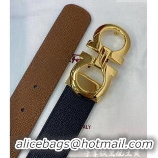 Most Popular Ferragamo Belt 3.5cm in Reversible Palm-Grained Leather 0615 Clay Brown/Black/Shiny Gold