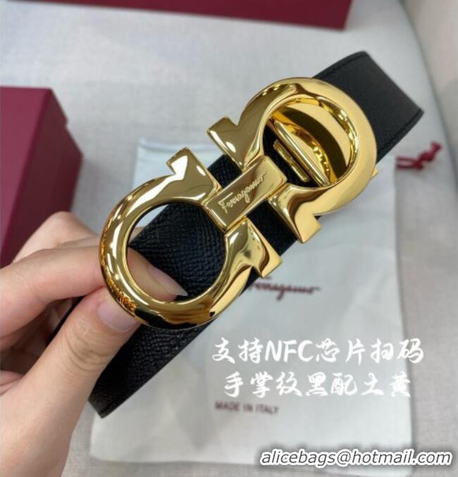 Most Popular Ferragamo Belt 3.5cm in Reversible Palm-Grained Leather 0615 Clay Brown/Black/Shiny Gold