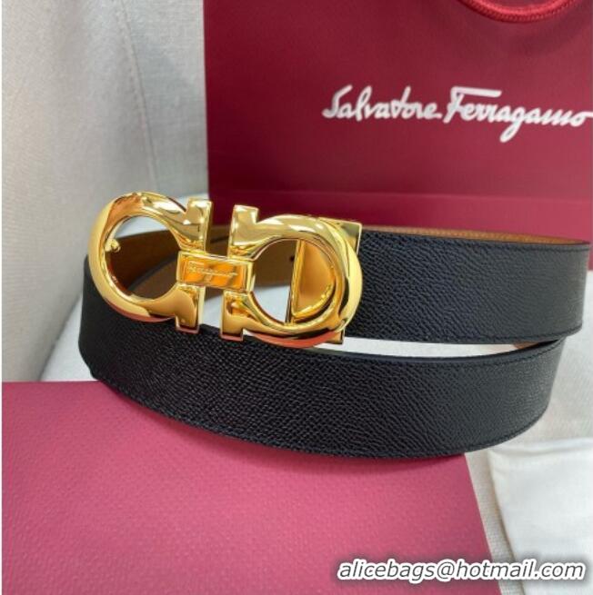 Most Popular Ferragamo Belt 3.5cm in Reversible Palm-Grained Leather 0615 Clay Brown/Black/Shiny Gold
