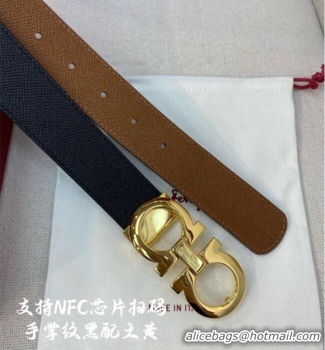 Most Popular Ferragamo Belt 3.5cm in Reversible Palm-Grained Leather 0615 Clay Brown/Black/Shiny Gold