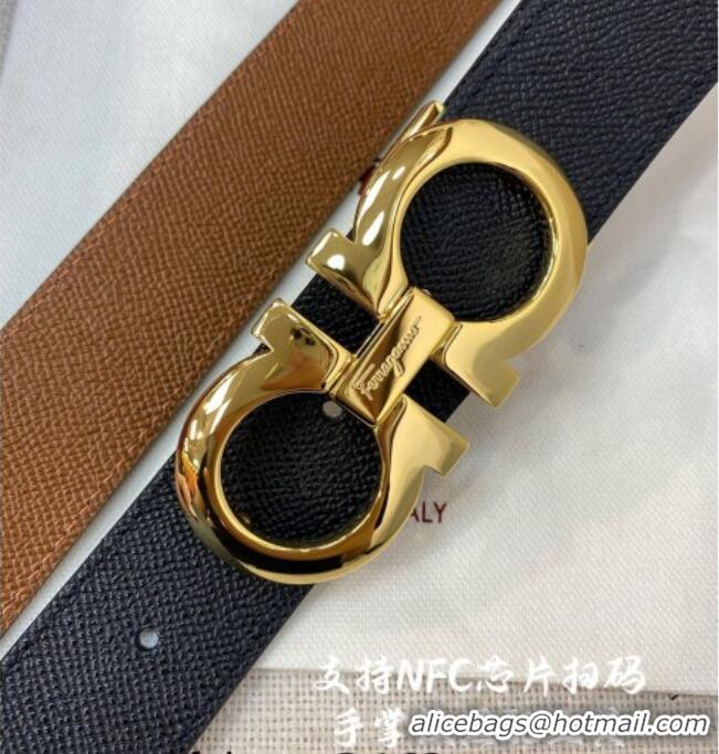 Most Popular Ferragamo Belt 3.5cm in Reversible Palm-Grained Leather 0615 Clay Brown/Black/Shiny Gold