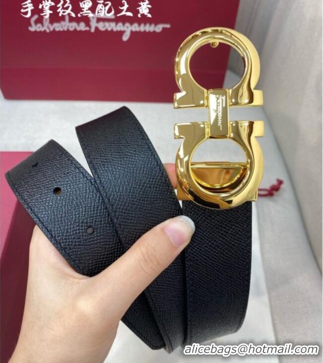 Most Popular Ferragamo Belt 3.5cm in Reversible Palm-Grained Leather 0615 Clay Brown/Black/Shiny Gold