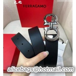 Best Price Ferragamo Belt 3.5cm in Reversible Smooth Leather with Embossed Buckle 0615 Black/Shiny Gunmetal