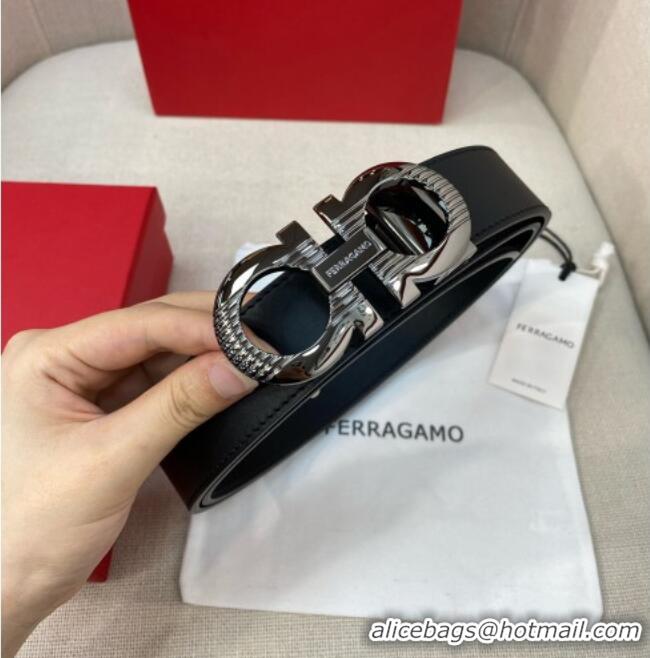 Best Price Ferragamo Belt 3.5cm in Reversible Smooth Leather with Embossed Buckle 0615 Black/Shiny Gunmetal
