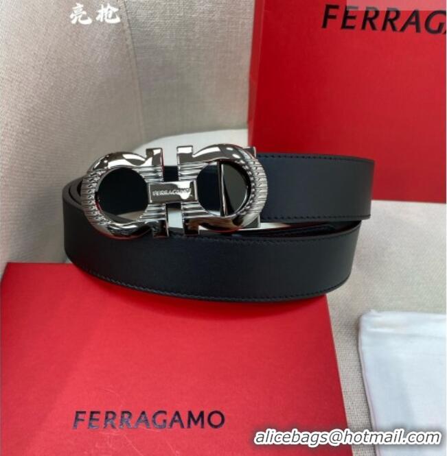 Best Price Ferragamo Belt 3.5cm in Reversible Smooth Leather with Embossed Buckle 0615 Black/Shiny Gunmetal