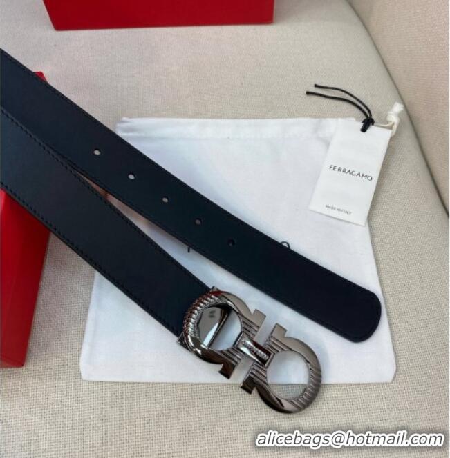 Best Price Ferragamo Belt 3.5cm in Reversible Smooth Leather with Embossed Buckle 0615 Black/Shiny Gunmetal