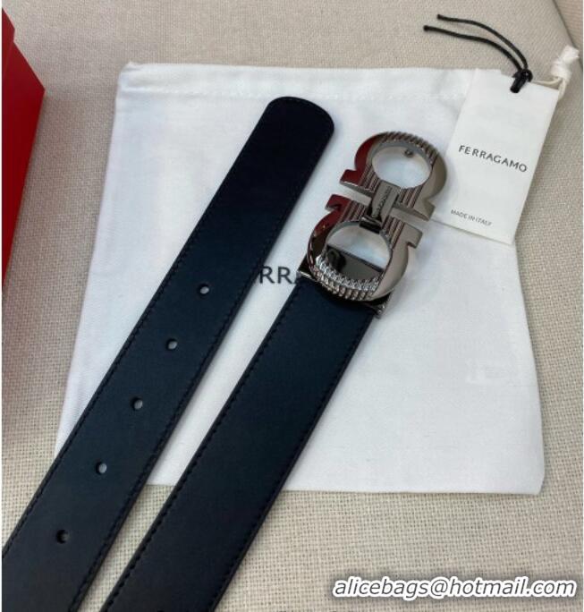 Best Price Ferragamo Belt 3.5cm in Reversible Smooth Leather with Embossed Buckle 0615 Black/Shiny Gunmetal