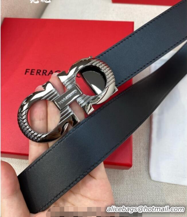 Best Price Ferragamo Belt 3.5cm in Reversible Smooth Leather with Embossed Buckle 0615 Black/Shiny Gunmetal