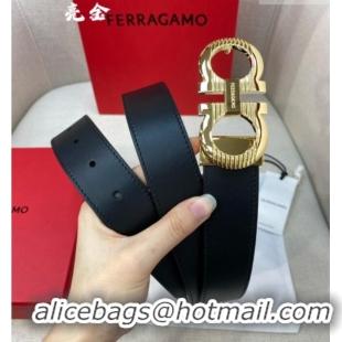 Top Design Ferragamo Belt 3.5cm in Reversible Smooth Leather with Embossed Buckle 0615 Black/Shiny Gold