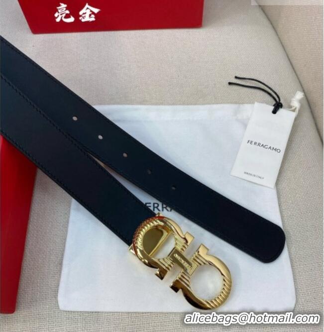 Top Design Ferragamo Belt 3.5cm in Reversible Smooth Leather with Embossed Buckle 0615 Black/Shiny Gold
