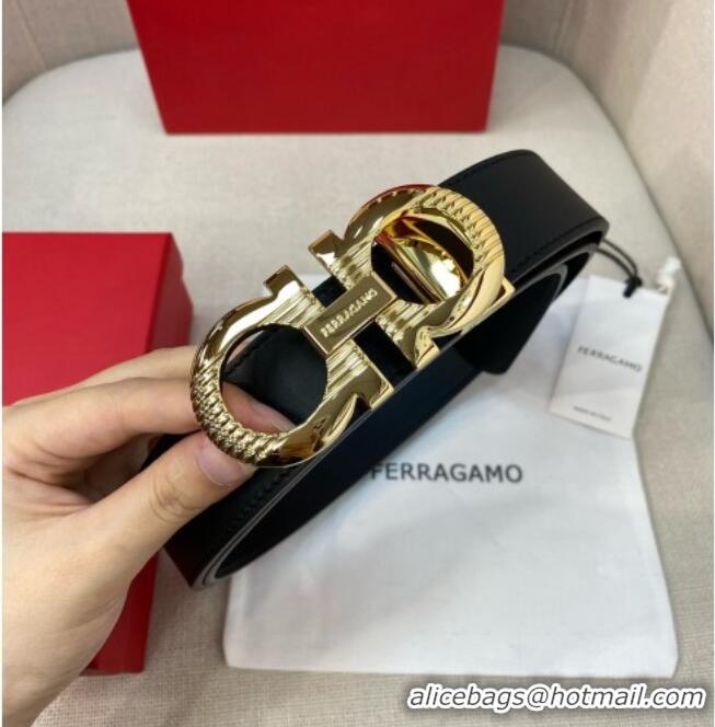 Top Design Ferragamo Belt 3.5cm in Reversible Smooth Leather with Embossed Buckle 0615 Black/Shiny Gold