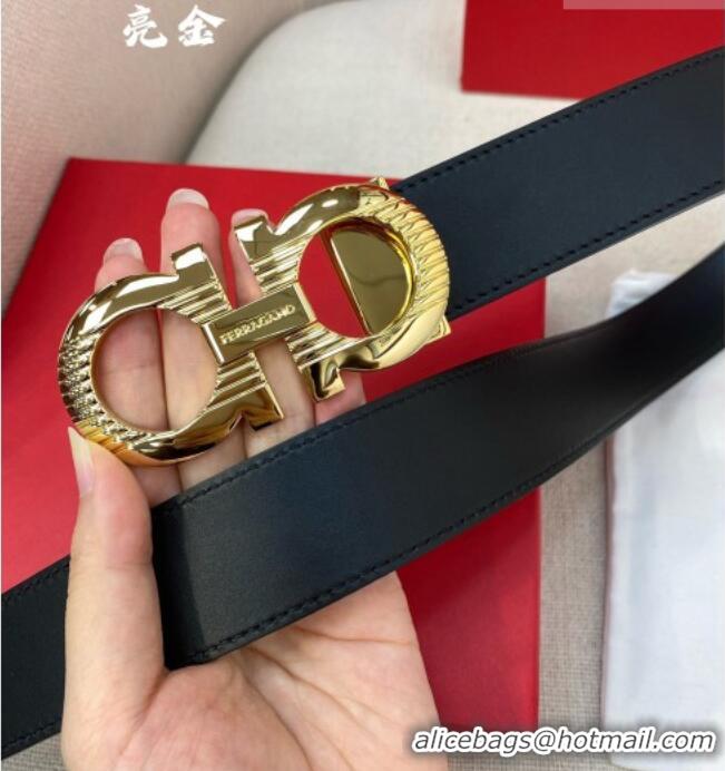 Top Design Ferragamo Belt 3.5cm in Reversible Smooth Leather with Embossed Buckle 0615 Black/Shiny Gold