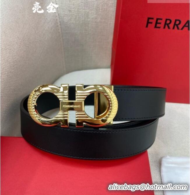 Top Design Ferragamo Belt 3.5cm in Reversible Smooth Leather with Embossed Buckle 0615 Black/Shiny Gold