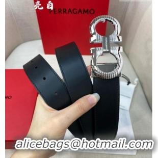 Cheapest Ferragamo Belt 3.5cm in Reversible Smooth Leather with Embossed Buckle 0615 Black/Shiny Silver