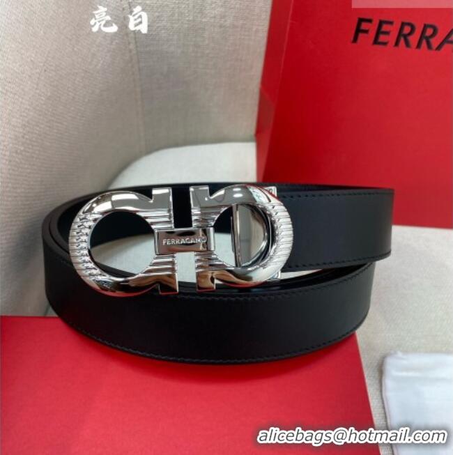 Cheapest Ferragamo Belt 3.5cm in Reversible Smooth Leather with Embossed Buckle 0615 Black/Shiny Silver