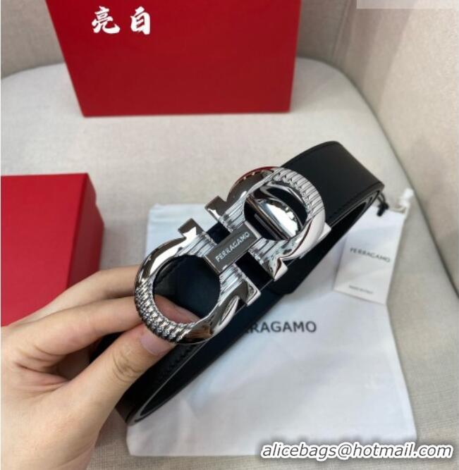 Cheapest Ferragamo Belt 3.5cm in Reversible Smooth Leather with Embossed Buckle 0615 Black/Shiny Silver