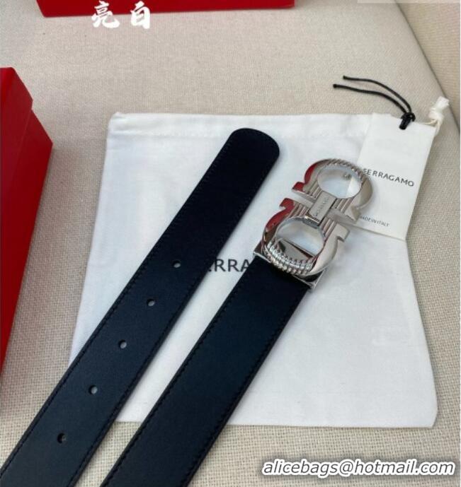 Cheapest Ferragamo Belt 3.5cm in Reversible Smooth Leather with Embossed Buckle 0615 Black/Shiny Silver