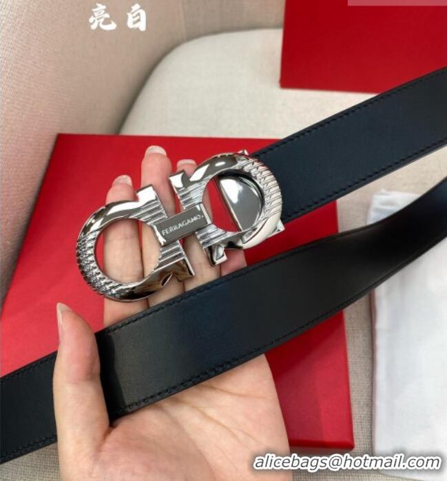 Cheapest Ferragamo Belt 3.5cm in Reversible Smooth Leather with Embossed Buckle 0615 Black/Shiny Silver