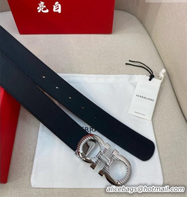 Cheapest Ferragamo Belt 3.5cm in Reversible Smooth Leather with Embossed Buckle 0615 Black/Shiny Silver