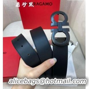Popular Style Ferragamo Belt 3.5cm in Reversible Smooth Leather with Embossed Buckle 0615 Black/Matte Black