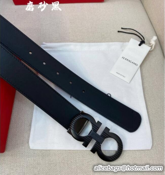 Popular Style Ferragamo Belt 3.5cm in Reversible Smooth Leather with Embossed Buckle 0615 Black/Matte Black