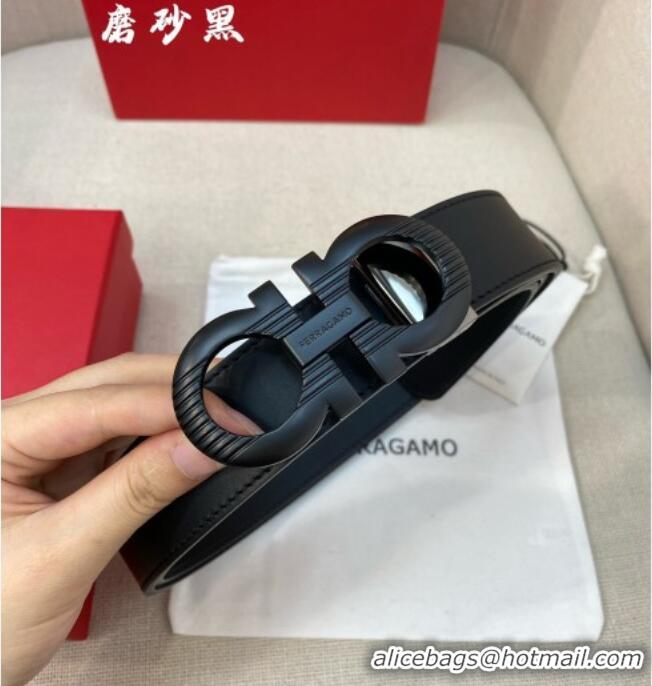 Popular Style Ferragamo Belt 3.5cm in Reversible Smooth Leather with Embossed Buckle 0615 Black/Matte Black