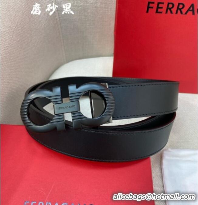 Popular Style Ferragamo Belt 3.5cm in Reversible Smooth Leather with Embossed Buckle 0615 Black/Matte Black