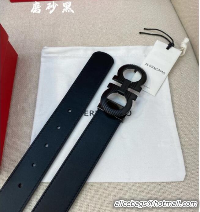 Popular Style Ferragamo Belt 3.5cm in Reversible Smooth Leather with Embossed Buckle 0615 Black/Matte Black