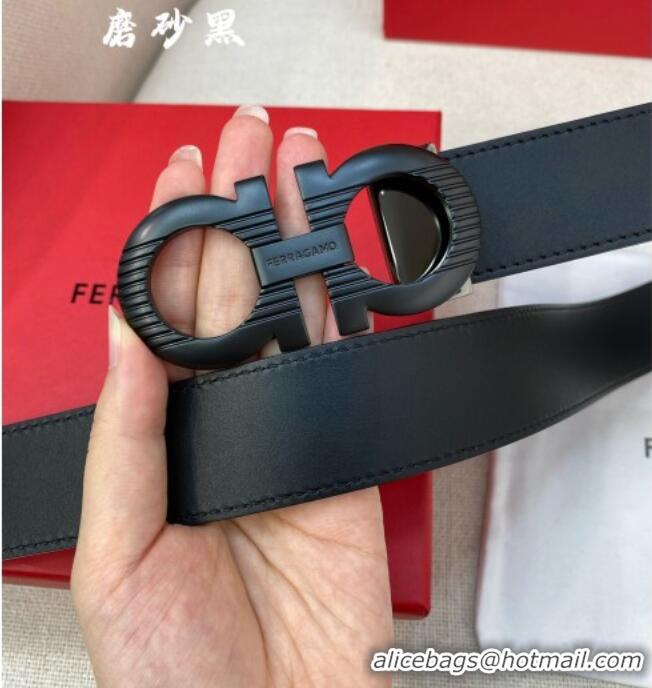 Popular Style Ferragamo Belt 3.5cm in Reversible Smooth Leather with Embossed Buckle 0615 Black/Matte Black