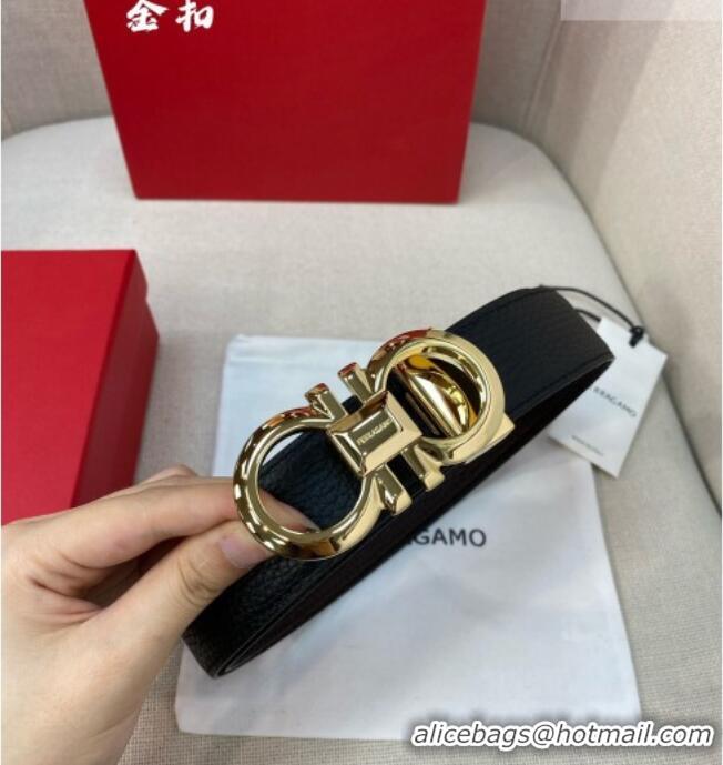 Well Crafted Ferragamo Belt 3.5cm in Reversible Litchi-Grained Leather 0615 Black/Coffee Brown/Shiny Gold
