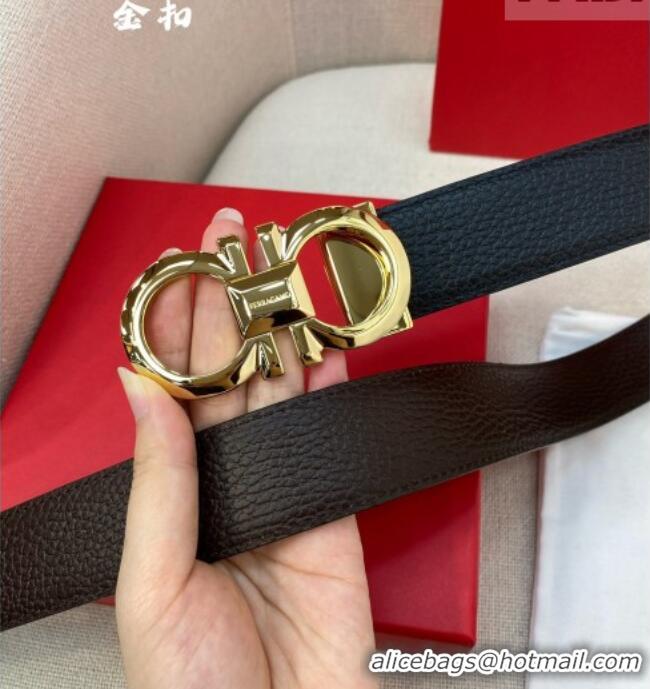 Well Crafted Ferragamo Belt 3.5cm in Reversible Litchi-Grained Leather 0615 Black/Coffee Brown/Shiny Gold
