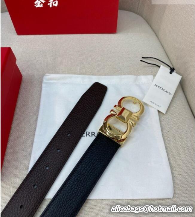 Well Crafted Ferragamo Belt 3.5cm in Reversible Litchi-Grained Leather 0615 Black/Coffee Brown/Shiny Gold