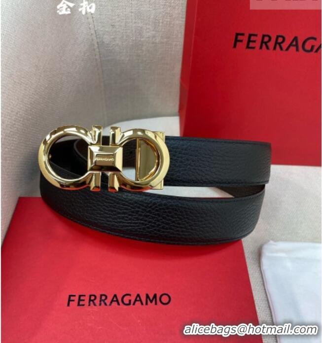 Well Crafted Ferragamo Belt 3.5cm in Reversible Litchi-Grained Leather 0615 Black/Coffee Brown/Shiny Gold